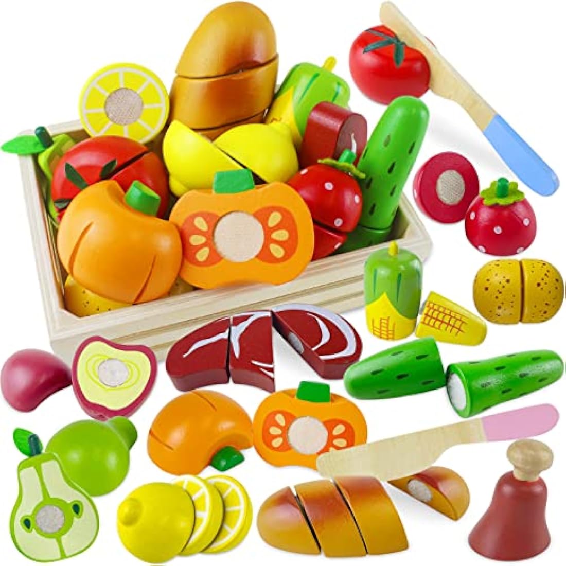 Beberolen Wooden Food Toys, Play Food Sets for Children Kitchen, Toy Kitchen Accessories for Kids, Wooden Cutting Fruit and Vegetables Toys, Pretend Role-Play Toy for Boys and Girls 2 3 4 5 Year Olds