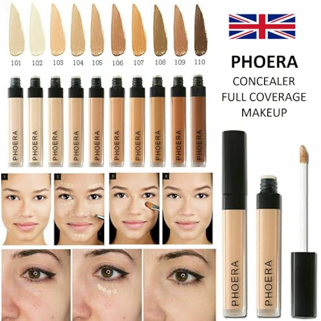 Phoera Full‑Coverage Matte Liquid Concealer – Waterproof, Oil‑Free Camouflage for Dark Circles, Acne Scars & Under‑Eye (106 - Chestnut)