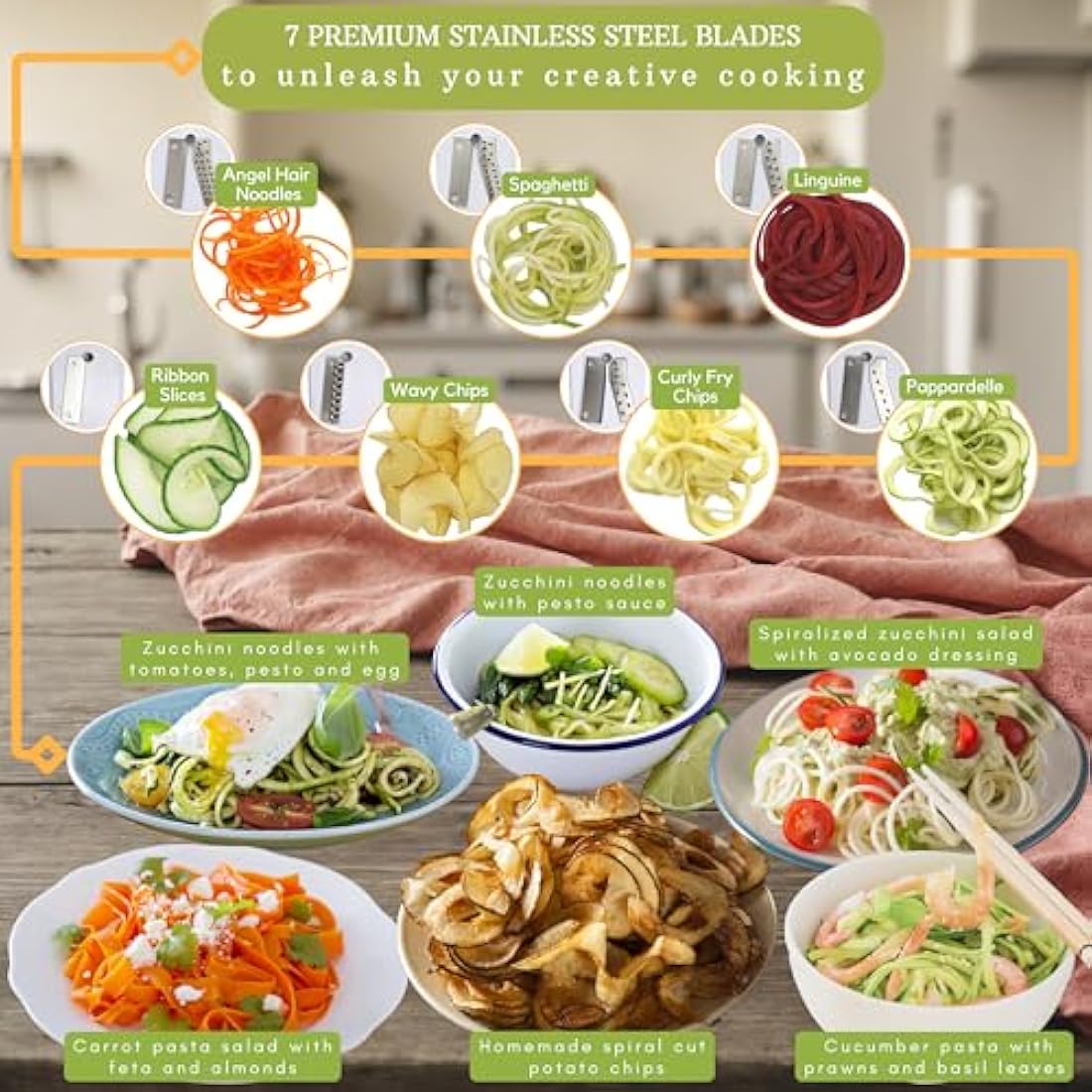 Brieftons 7-Blade Vegetable Spiralizer: Strongest-Heaviest Spiral Slicer, Best Veggie Pasta Spaghetti Maker for Low Carb/Paleo/Gluten-Free Meals, with Blade Caddy, Container, Lid & 4 Recipe Ebooks