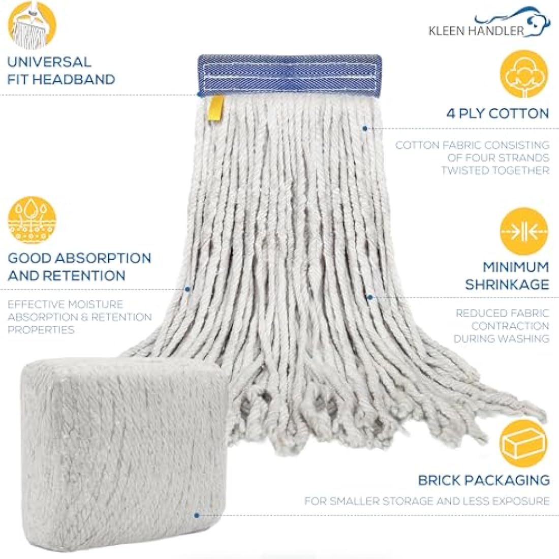 KLEEN HANDLER Cotton Mop Head Replacement | 3.1 cm Universal Headband Wet Mop Refill, Natural, 450 g