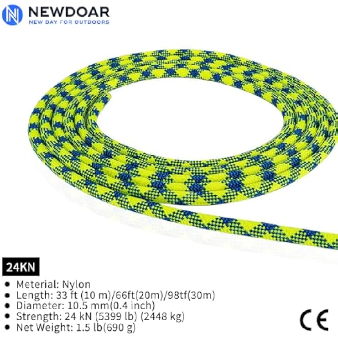 NewDoar 10.5mm(2/5in) Dynamic Rope,24KN(5399 lb) Robust Nylon Kernmantle Rope,3 Sizes Multipurpose Rope for Outdoor Mountaineering Rock Climbing Rescue(33ft/66ft/98ft)