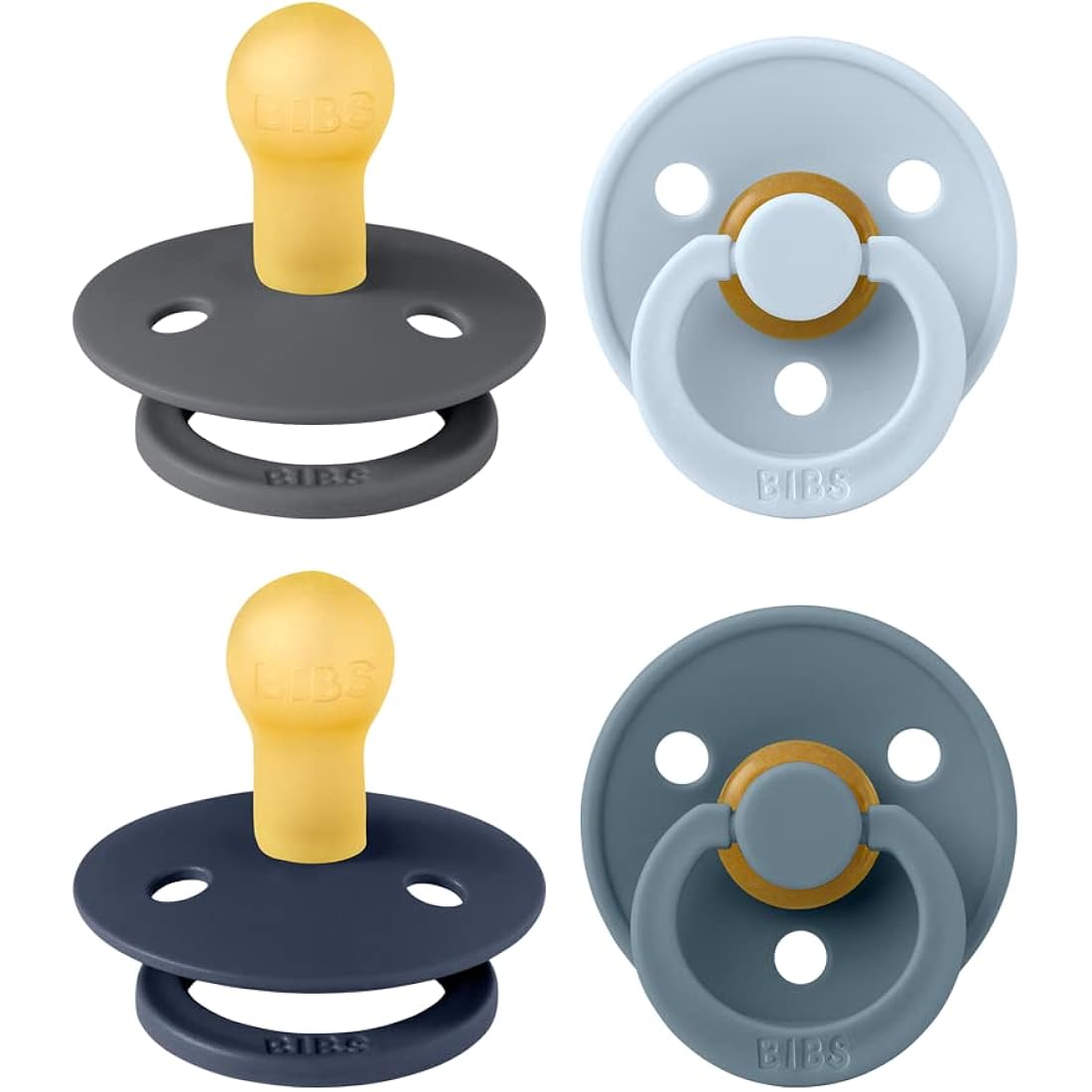 BIBS Dummies Colour 4-Pack, BPA Free Dummy Pacifier, Round Nipple Soothers, Natural Rubber Latex, Made in Denmark. 0-6 Months (Pack of 4), Deep Space Mix
