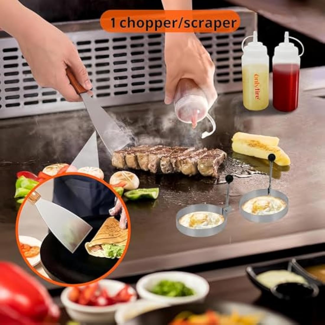 Onlyfire FPA-5117 Professional BBQ Griddle Spatula Tool Kit Great for Grill Griddle Flat Top Cooking Camping, with One 12” Melting Dome, 9 pcs