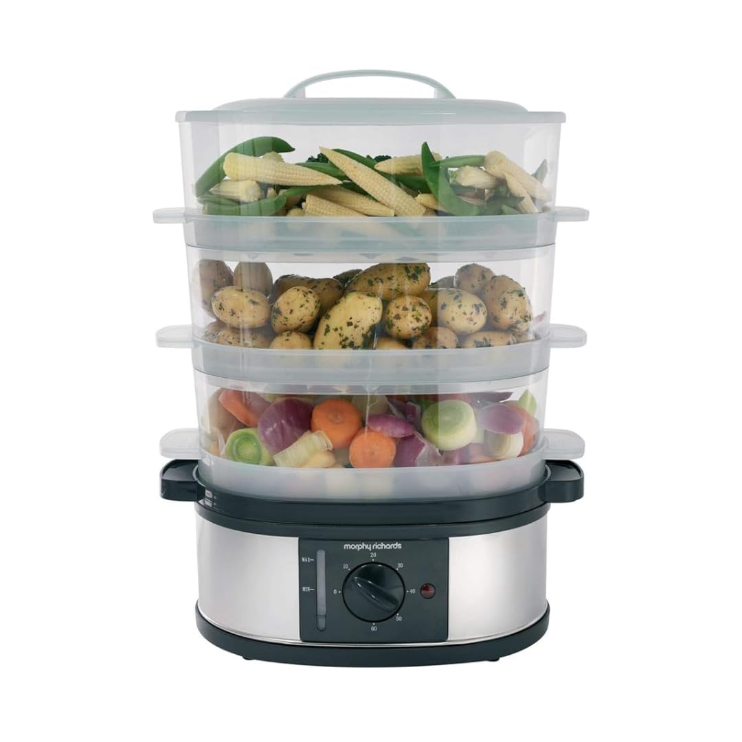 Morphy Richards 3 Tier Food Steamer, 9L, 60 Minute Timer with Bell, Instant Steam Production, Visible Water Gauge, Rice Tray, 750W, Stainless Steel,