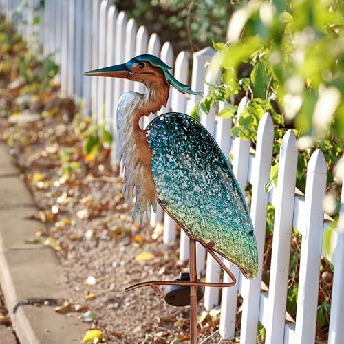 TERESA'S COLLECTIONS Garden Ornaments Outdoor Gifts for Christmas, Decorative Glass Blue Heron Solar Stake Light, Waterproof Metal Bird Solar Garden Light Decor for Lawn,Yard & Pond, 106cm