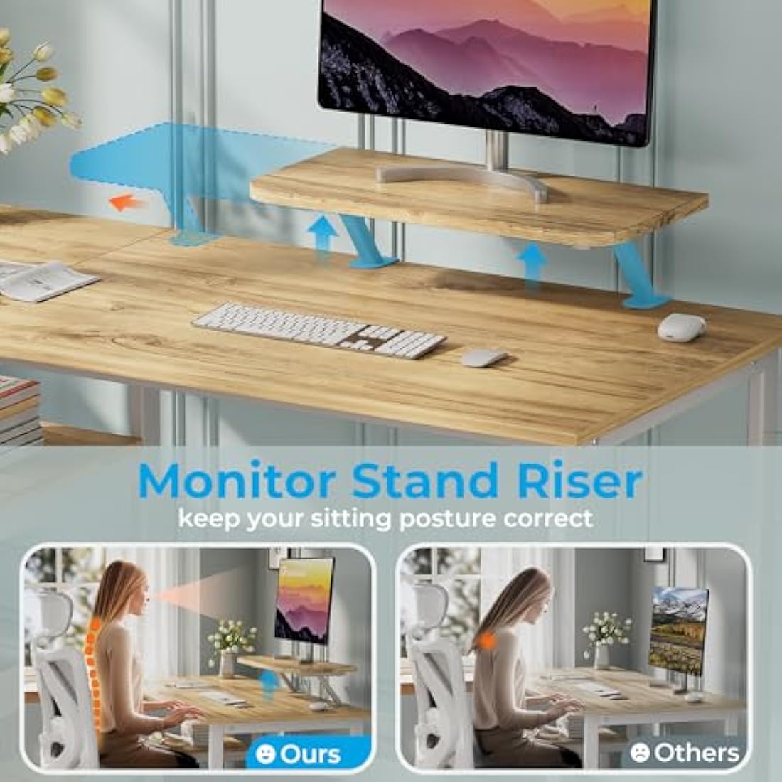 GreenForest Office Desk with Monitor Stand,100cm Home Computer Desk with Reversible Storage Shelves,Study Desk for Small Spaces,Oak