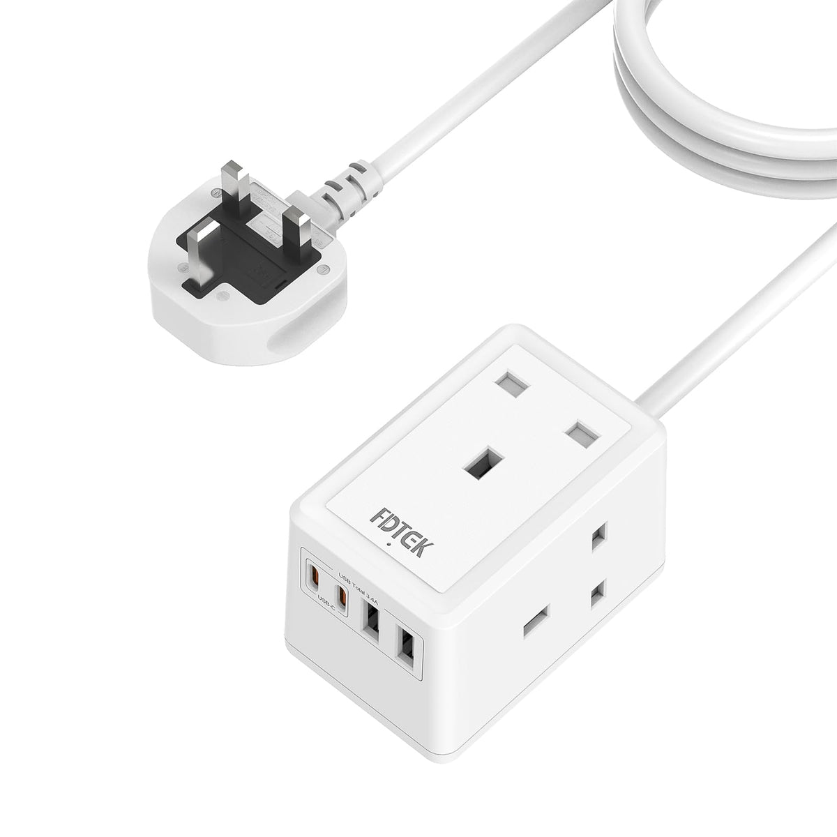 3M Extension Lead With USB Slots, FDTEK Mini Plug Extension Socket with 3 AC Outlets and 4 USB Slots, 13A/3250W Wall Mount Power Strip With 3 Metre