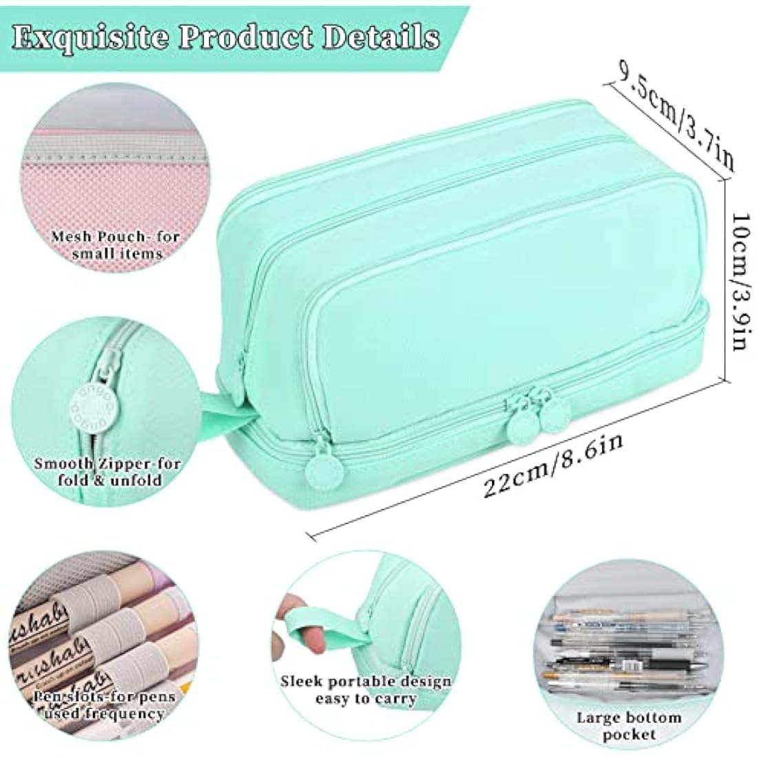 Tesmien Pencil Case, Large Pencil Case with 4 Compartments Stationery Organizer for Boys and Girls, Aesthetic Pencil Bag Suitable for Kids Teenagers Students Women Men, Green