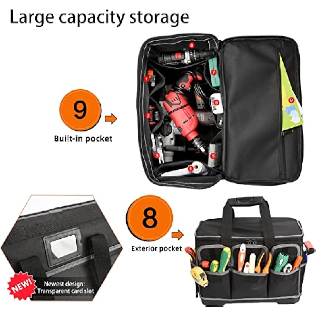 Noosverl Tool Bag, Multifunctional Rigid Tool Bag Organiser Toolcase with Adjustable Shoulder, Black, 40 x 23 x 28 cm,electrician tool bag