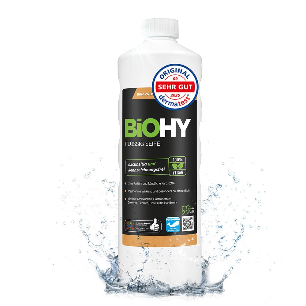 BiOHY Liquid Soap (1l Bottle) | Odourless, skin-friendly and refatting liquid hand soap | PHOSPHATFREE | Without perfume and colouring (Fl?ssig Seife)