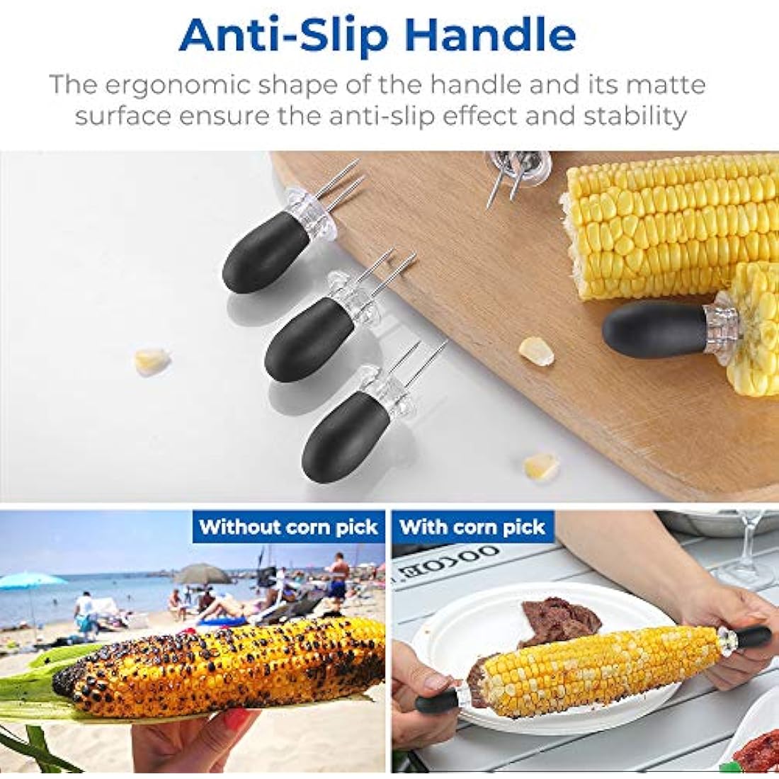 ecooe Corn on the Cob holder,Corn on the Cob Skewers,8 Pieces,Black Stainless Steel Corn Cob holders Grill Fork can be Used for Barbecue,Parties, Picnics,Camping and Provides an Additional Storage Box