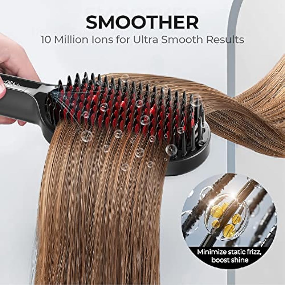 TYMO Ionic Plus Hair Straightener Brush UK, Upgraded Straightening Brush with Dense Bristles for Thick Hair, 16 Temps (80℃~230℃) LED Display, 10 Million ions, Dual Voltage, Hot Brush for Women (Black)