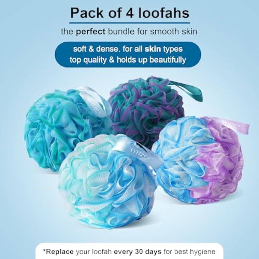SYHZC Large 75g Loofah, Shower Puff for Women and Men, Mesh Pouf, Soft Shower Pouf, Bath Scrunchie, Multi Pack Body Puff, Exfoliating Bath Sponge for Adults - Loofa Set of 4 Flower Color