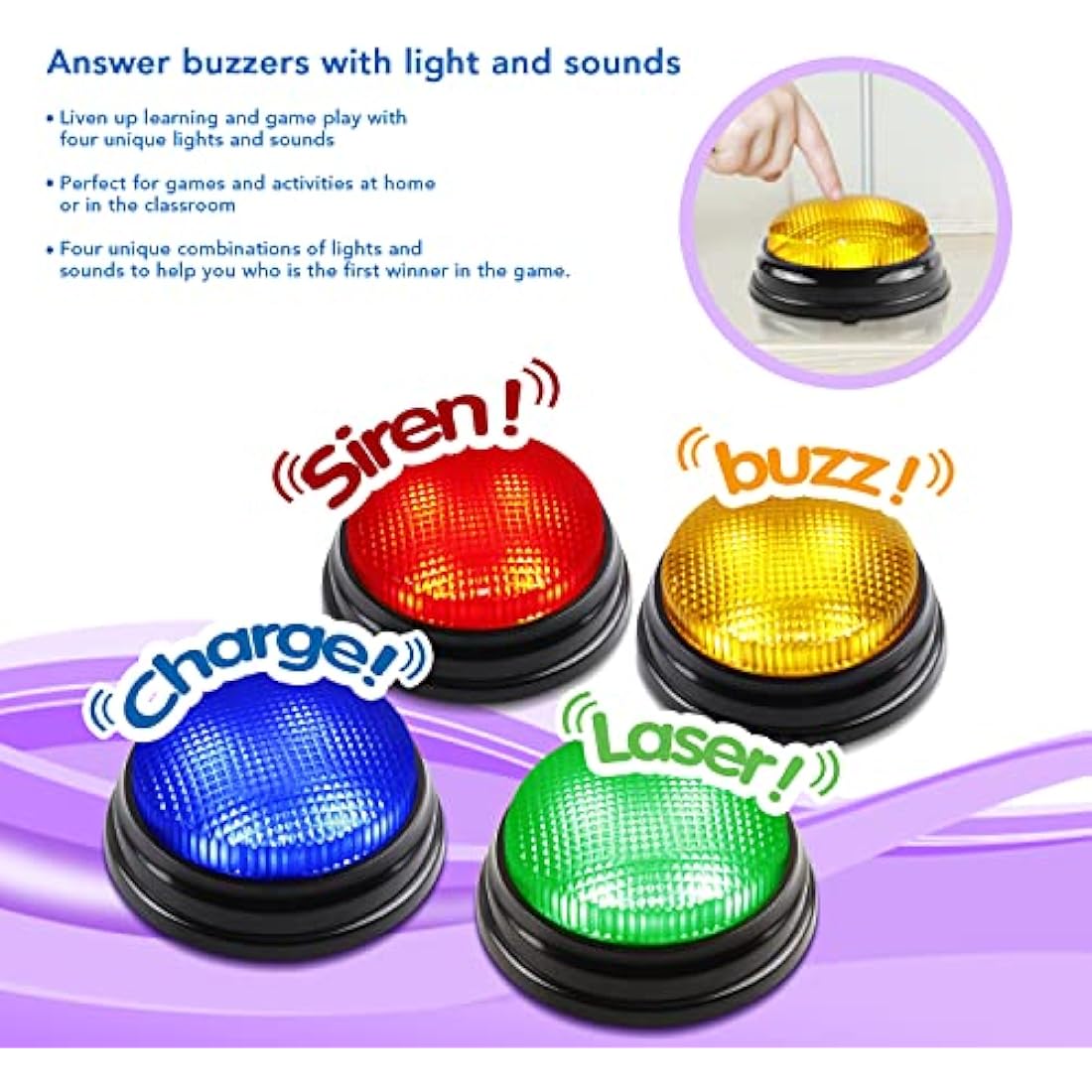 BEAN LIEVE Answer Buzzers for Quizzes, Fun Talking Button with 4 Personalized Sounds, Siren, Buzzer, Laser and Charge, Game Show Buzzers For Classroom & Home Game Play, Set of 4, Multicoloured