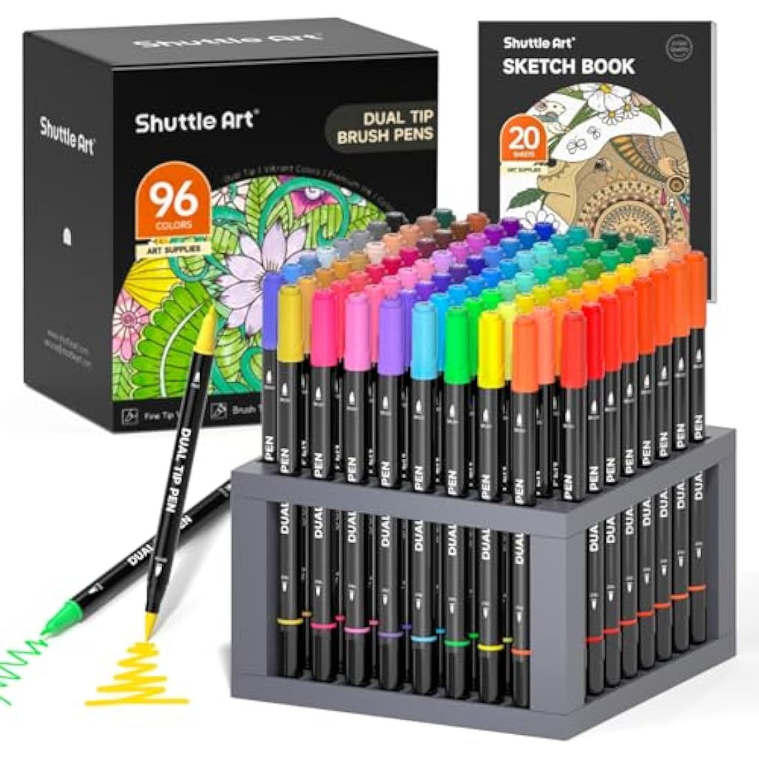 Shuttle Art Dual Tip Brush Pens, 96 Colours Fine and Brush Tip Markers Set with Pen Holder & 1 Colouring Book, Felt Tip Colouring Pens for Adults and Children Colouring Calligraphy Journal Doodling