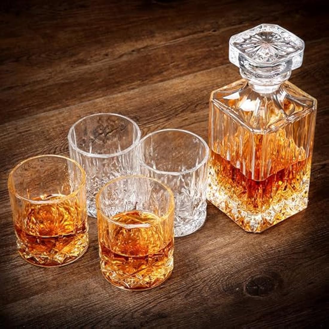 LIGHTEN LIFE 5 Piece Whiskey Decanter Set With 4 Glasses in Gift Box - Non-Lead Crystal for Bourbon, Scotch - Perfect for Men, Dad, Husband