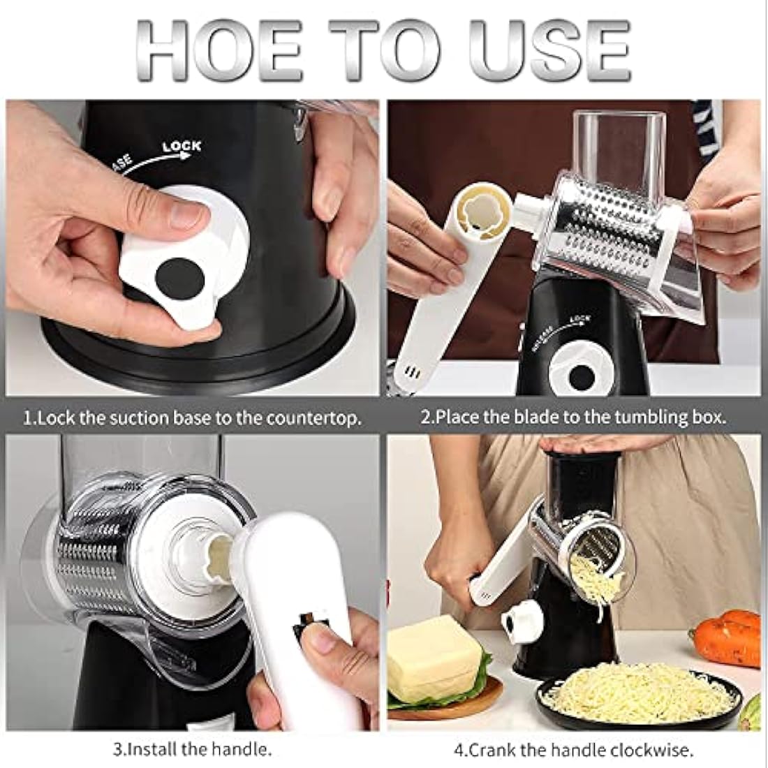 Ourokhome Rotary Cheese Grater Vegetable Slicer - Rotary Round Drum Grater Chopper with 3 Stainless Steel Drums Strong Suction Base (Black)
