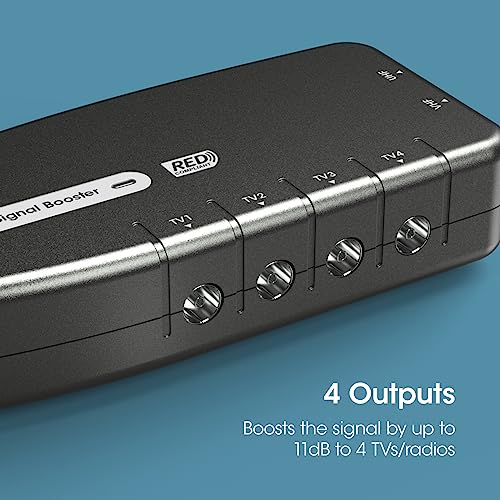 SLx TV Signal Booster Aerial Amplifier, 4 Way Signal Distribution Amplifier with Coax Connections, 4G & 5G Filtering, Indoor TV Aerial, HD & 4K TV/FM/DAB & Freeview, Variable Gain Control