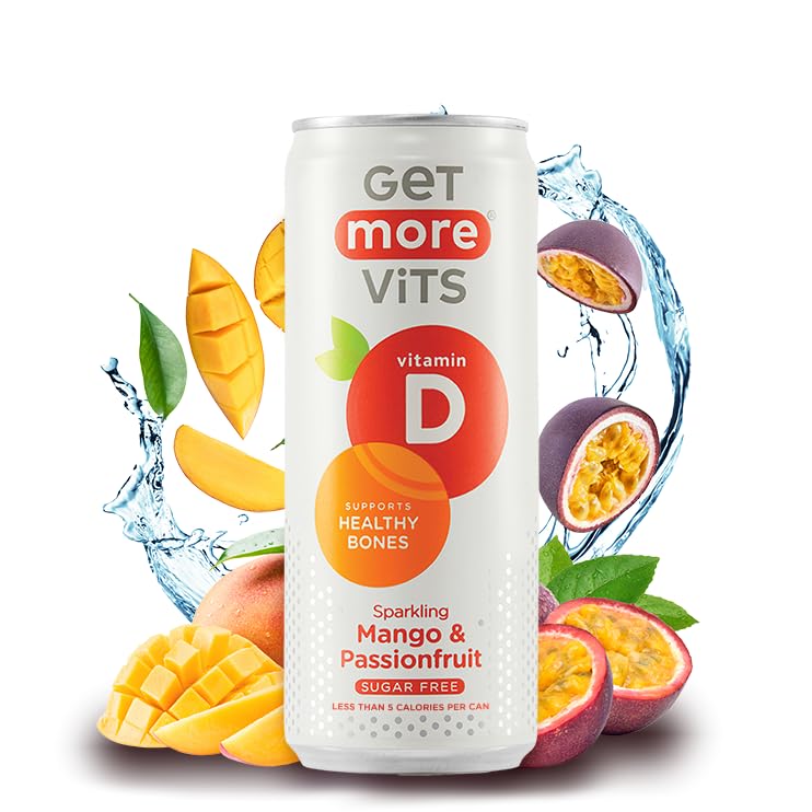 Get More Vits - Vitamin D Sparkling Mango & Passionfruit Spring Water (12 x 330ml), Support Healthy Bones, Teeth & Muscles, Boost Immune System, Sugar