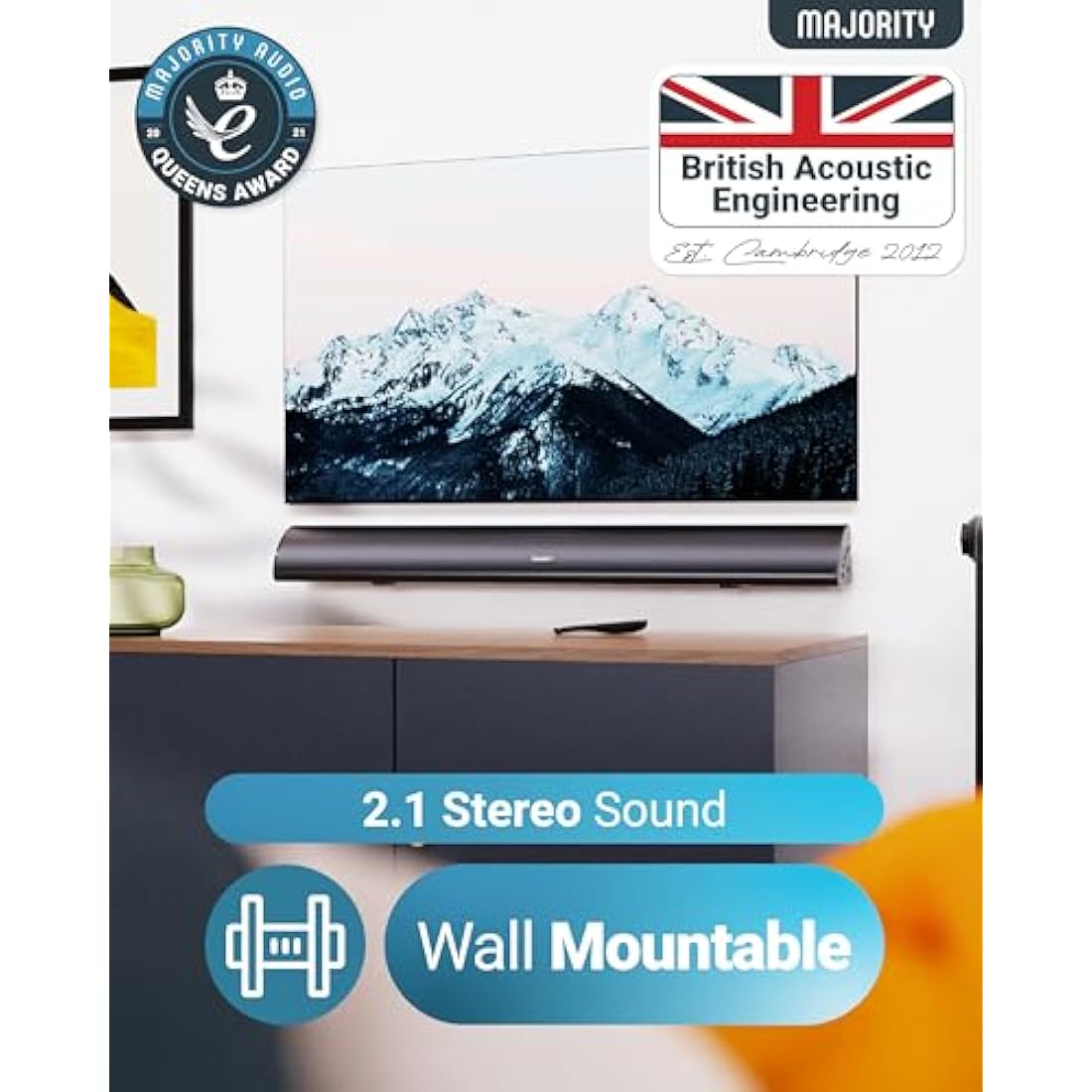 MAJORITY Bluetooth Sound Bar for TV | Built-in Subwoofer, 120 Watts 2.1 Channel Sound | RCA, Optical, and AUX Connection | Wall Mountable, Remote Control | Snowdon TV Soundbar
