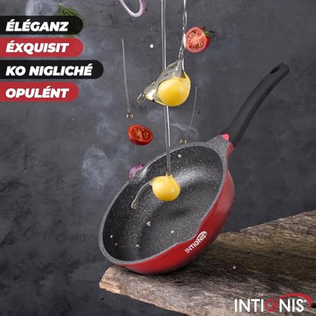 INTIGNIS Deep Non-Stick Frying Pan with Lid – 3-in-1 Sauté Pan, Skillet & Mini Wok – GREBLON Ceramic Coating | Induction Hob Safe | Stainless Steel Base |PTFE & PFOA Free (Red, 28 cm)