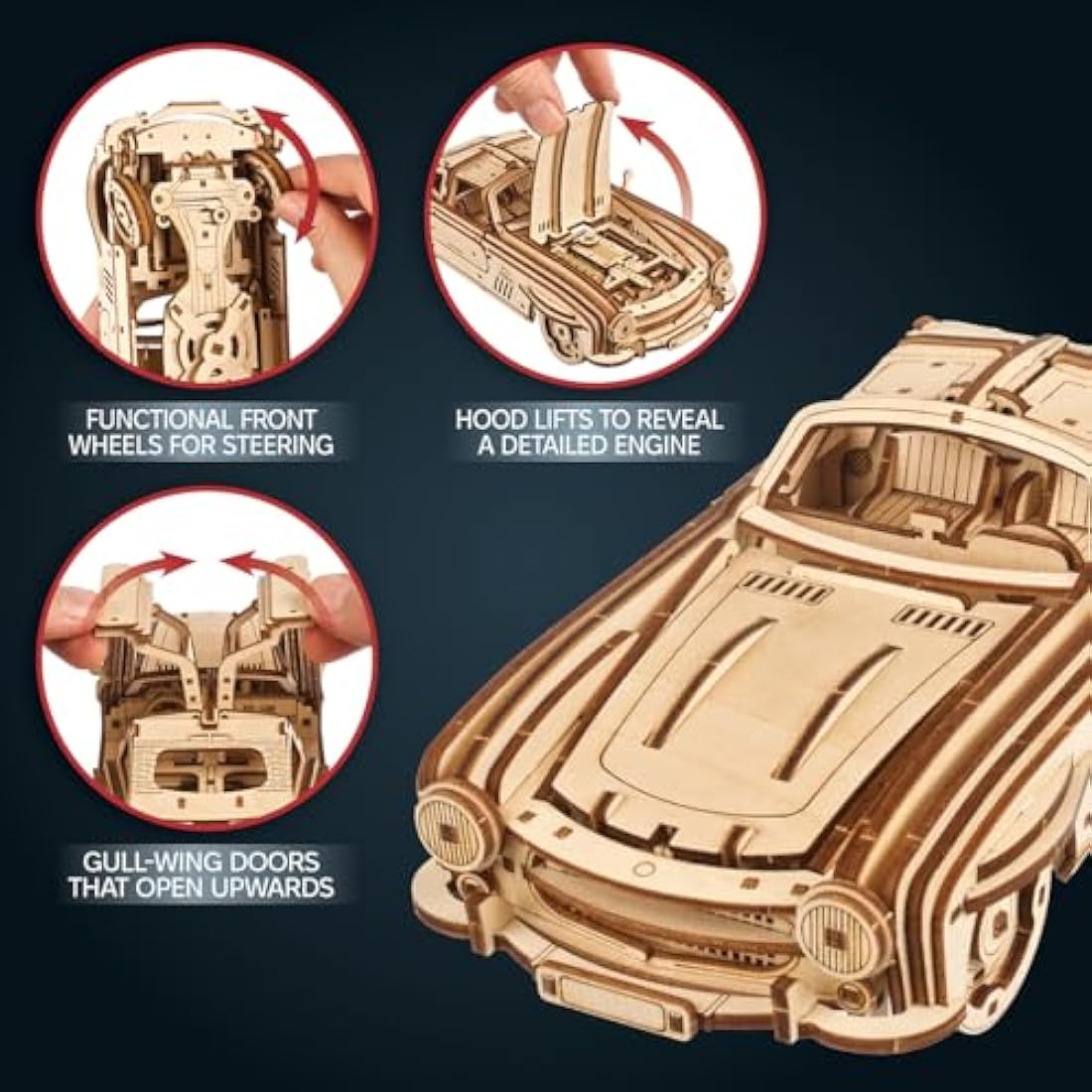 UGEARS Winged Sports Coupe 3D Puzzle- 1:24 Scale 3D Wooden Puzzles for Adults Model Car Kit - Working Gull-Wing Doors Model Kits For Adults to Build - Mechanical Vehicle for Fathers Day - 262 Pcs
