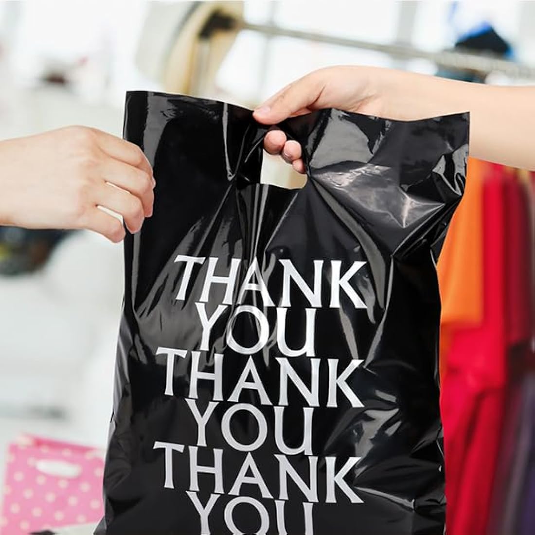 100 Pack Thank You Carrier Bags - 30x38cm Merchandise Retail Plastic Carrier Bags with Handles for Shopping, Gifts, Boutique, Stores, Business, Market Stall, Trade Shows, Wholesale (Black+ White）