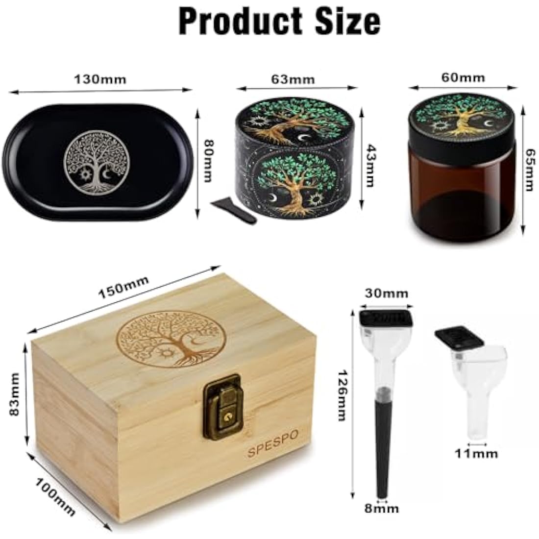 Spespo Grinder Set, Includes 2.5 inch Herb Grinder, Rolling Tray, Storage Jar&Rolling Stick, Lockable Bamboo Box Gift Set for Men Women