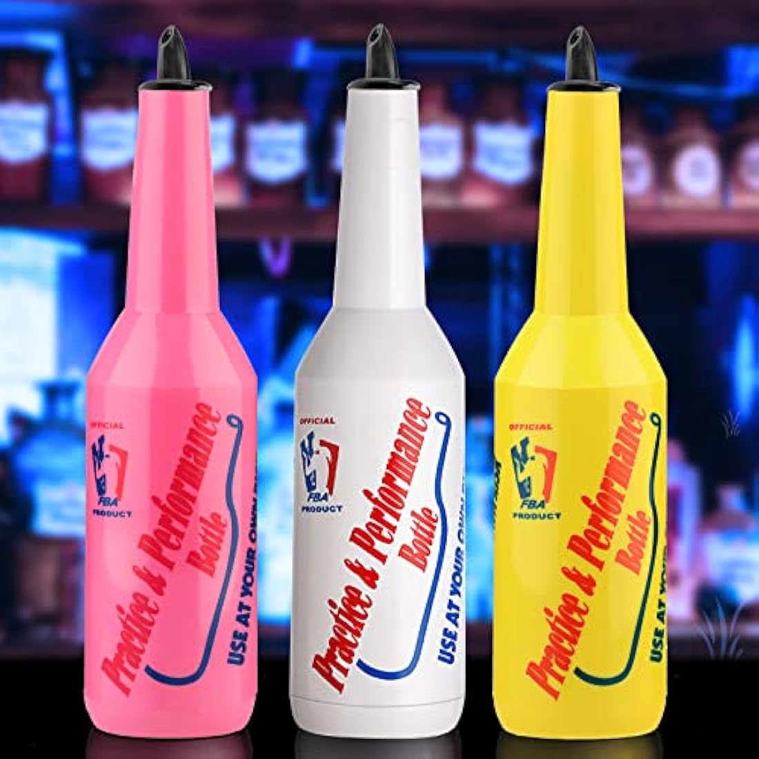 SuproBarware Flair Bottle Set of 3 - Cocktail Shaker, Training Bottle, 25oz/750ml (White, Pink, Yellow)