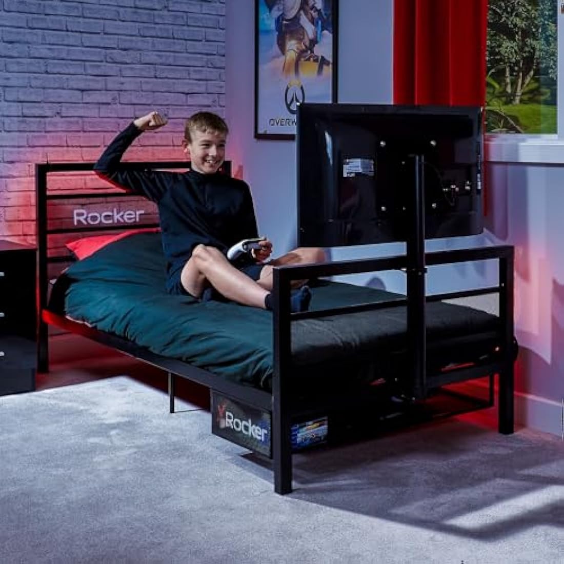 X-Rocker Basecamp TV Gaming Bed with Rotating Mount, Storage and Cable Management, Single 3ft Low Sleeper Bedstead, Metal Frame, Ideal for Kids Bedroom, Up to 32" TV Supported - Black