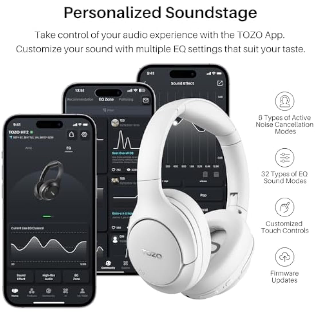 TOZO HT2 Hybrid Active Noise Cancelling Wireless Headphones, 60H Playtime Lossless Audio Over Ear Bluetooth Headphones, Hi-Res Audio Deep Bass Foldable Lightweight Headset for Workout