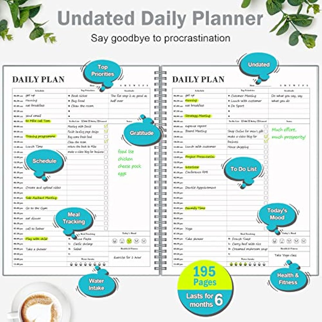 Planner Undated, Asten Daily Planner Agenda with to Do List, Hourly Schedules for Women and Men, Spiral Appointment Book with Elastic Closure, Inner Pocket 21.6 x 28cm (Gray)