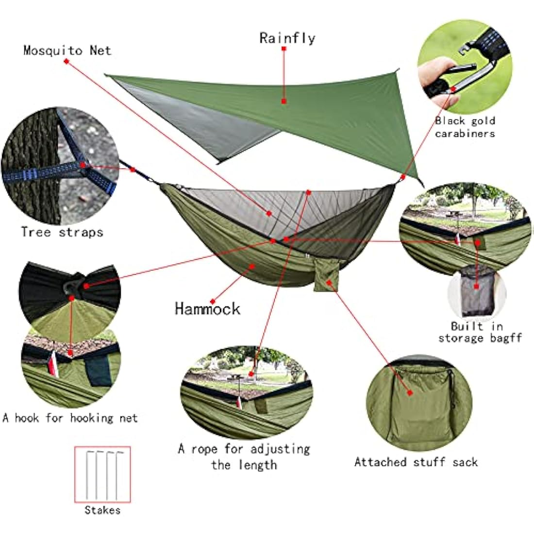 Portable Camping Hammock Set,Single Double Hammock,Mosquito net,rain Shade Tent,high Strength Parachute Fabric Hanging Bed. Suitable for Outdoor,Hiking,Camping, Travel Army Green