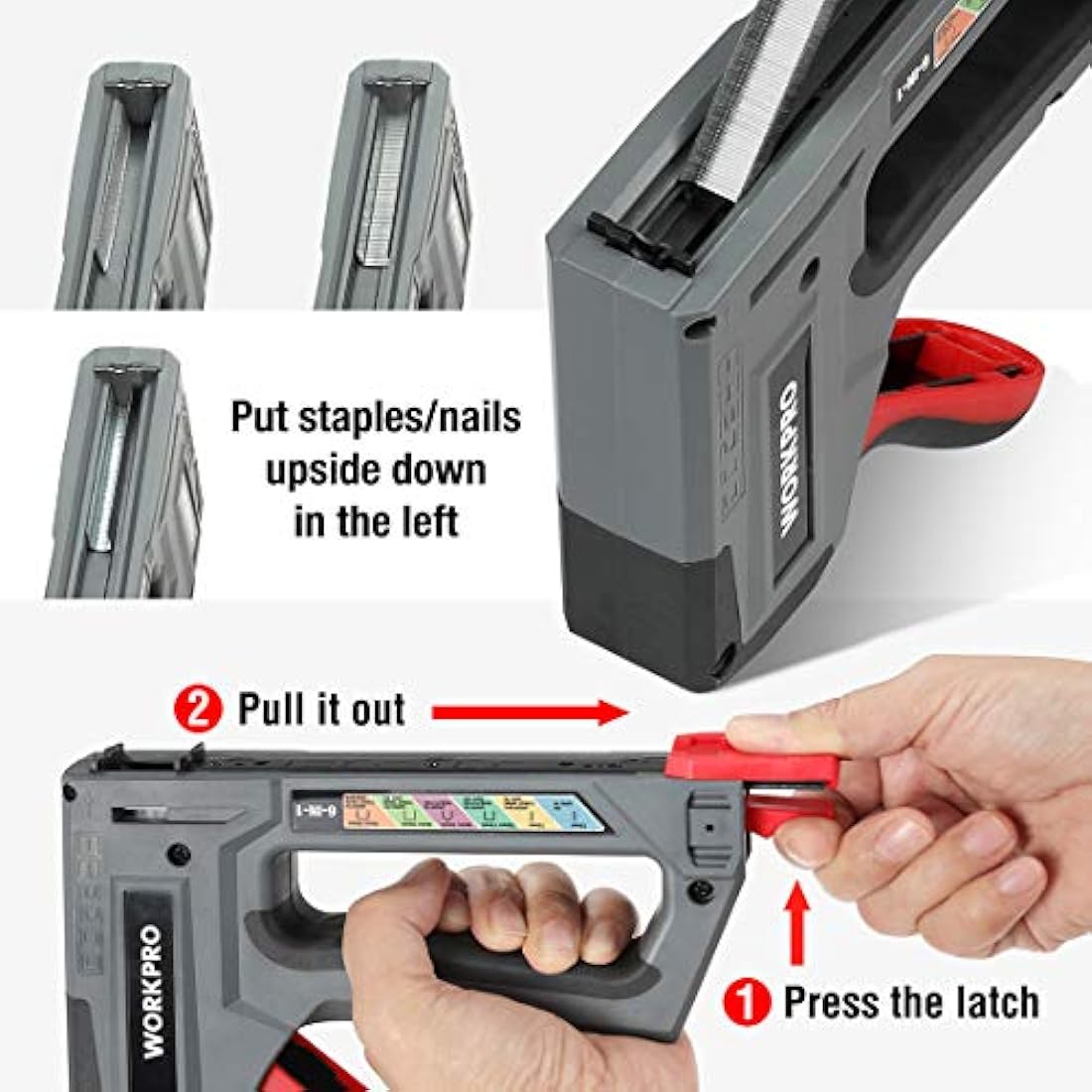 WORKPRO 6 in 1 Multifunctional Wall Stapler with 4000 Staples Manual Stapler for Fixing Hardware Furniture Decoration Door Window Cabinet