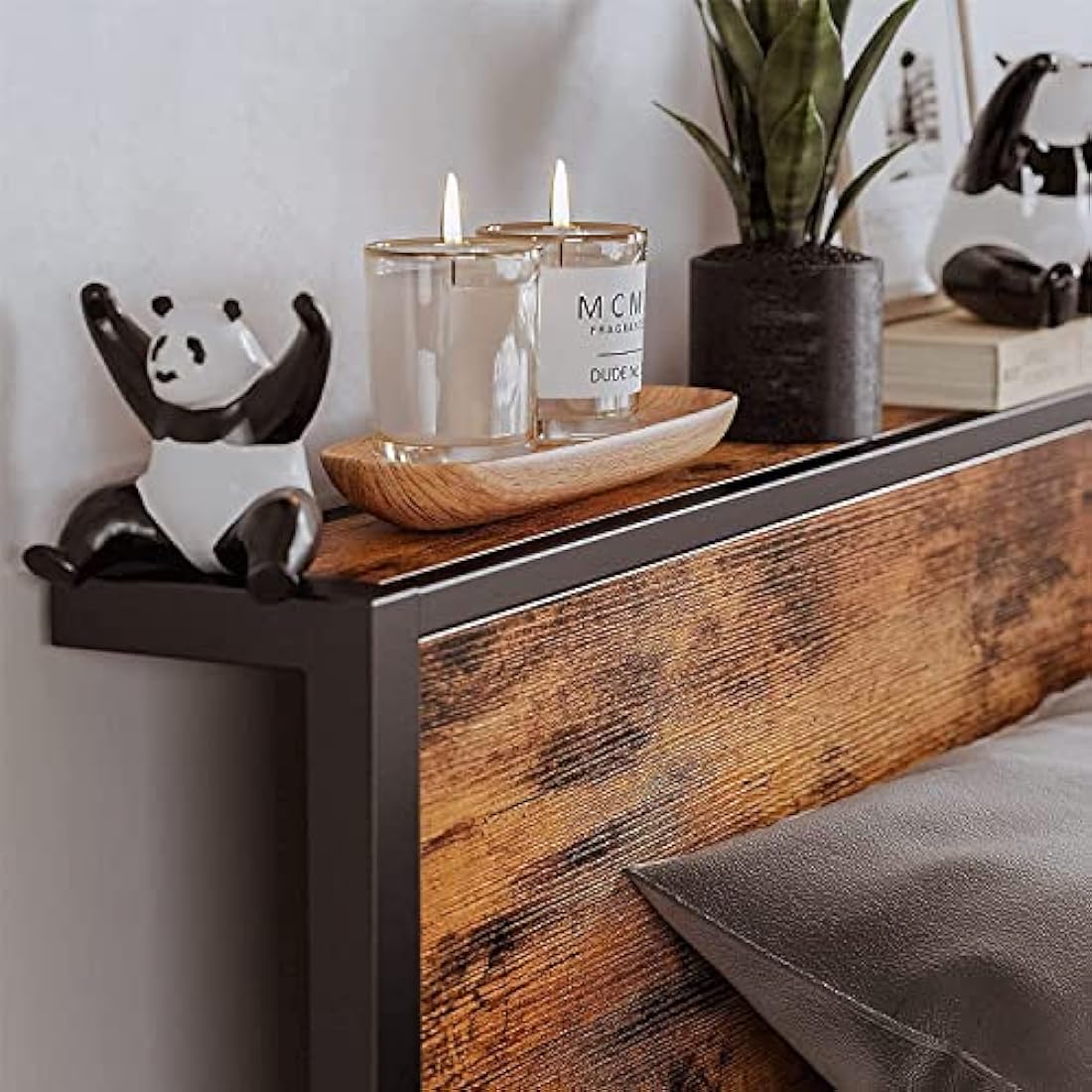 DUMEE King Size Bed Frame with Storage Wooden Headboard, Metal Bed Frame Kingsize Bed Base/Mattress Foundation, Enhanced Support Noise Free, Textured Black+Brown Oak