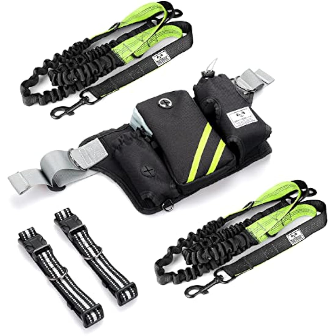 SHINE HAI Retractable Hands Free Dog Leash with Dual Bungees for 2 Dogs, Adjustable Waist Belt, Reflective Stitching Leash for Running Walking Hiking Jogging Biking Black - Green