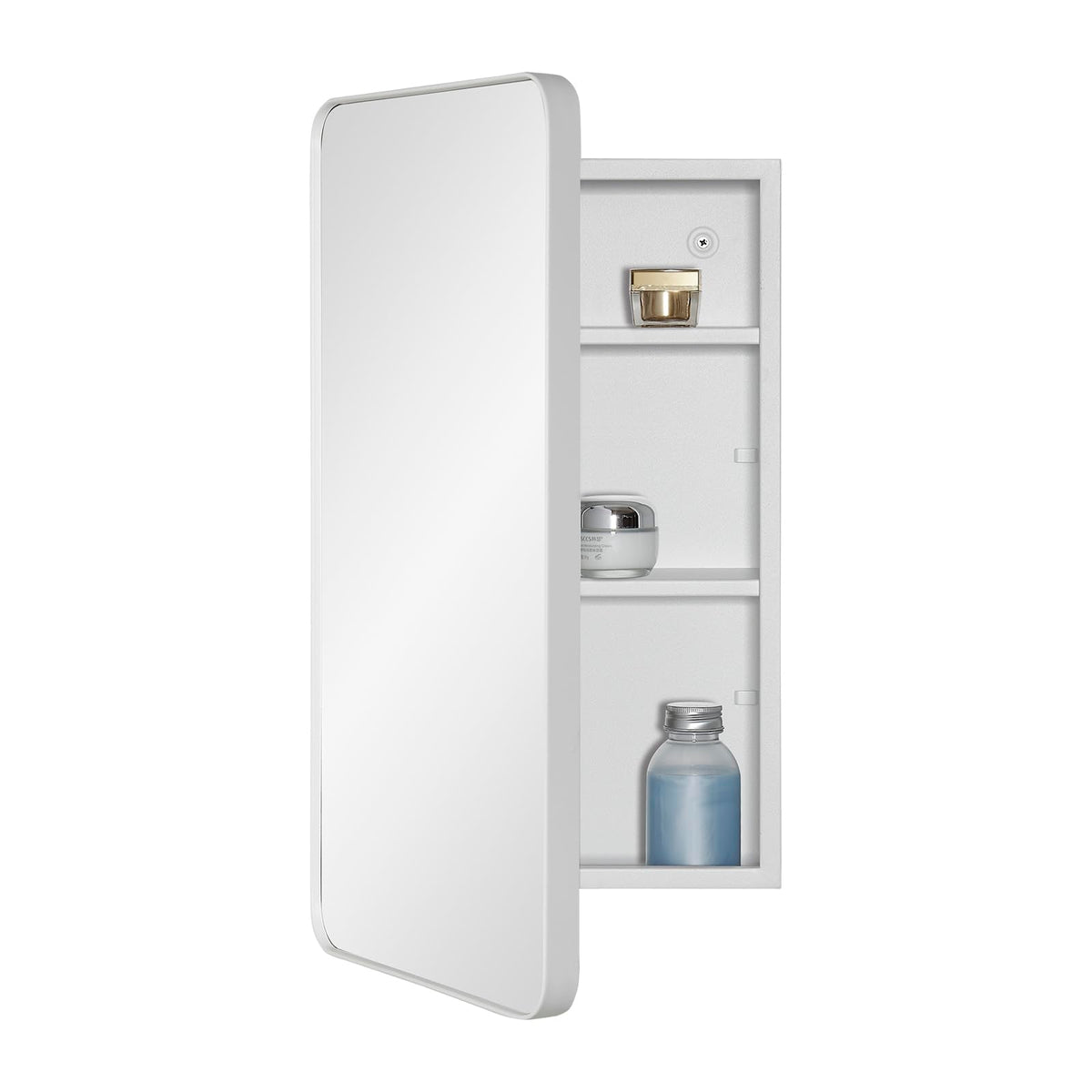 Fundin Bathroom Mirror Cabinet with Storage ? Metal Framed Round Corner Door, Adjustable Shelves, Matte White, Surface Mount Wall Mounted - 30 x 55 cm