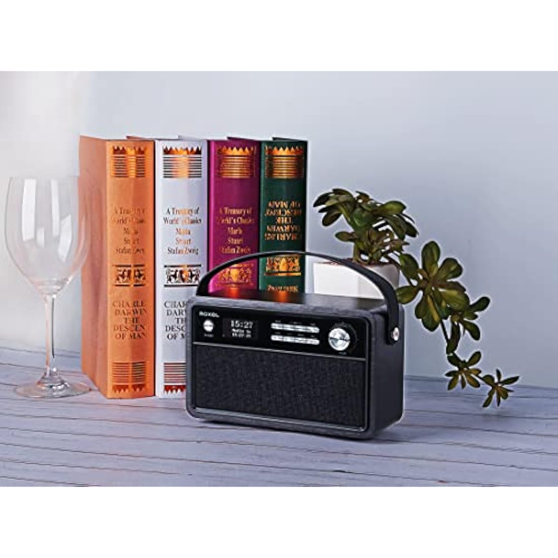 Roxel Retro D1 Vintage DAB+/FM Radio Wireless Speaker | Bedside Alarm Clock with Sleep Function. Rustic Exterior, Mains and USB Rechargeable, TF card, AUX and USB Compatible (Black)