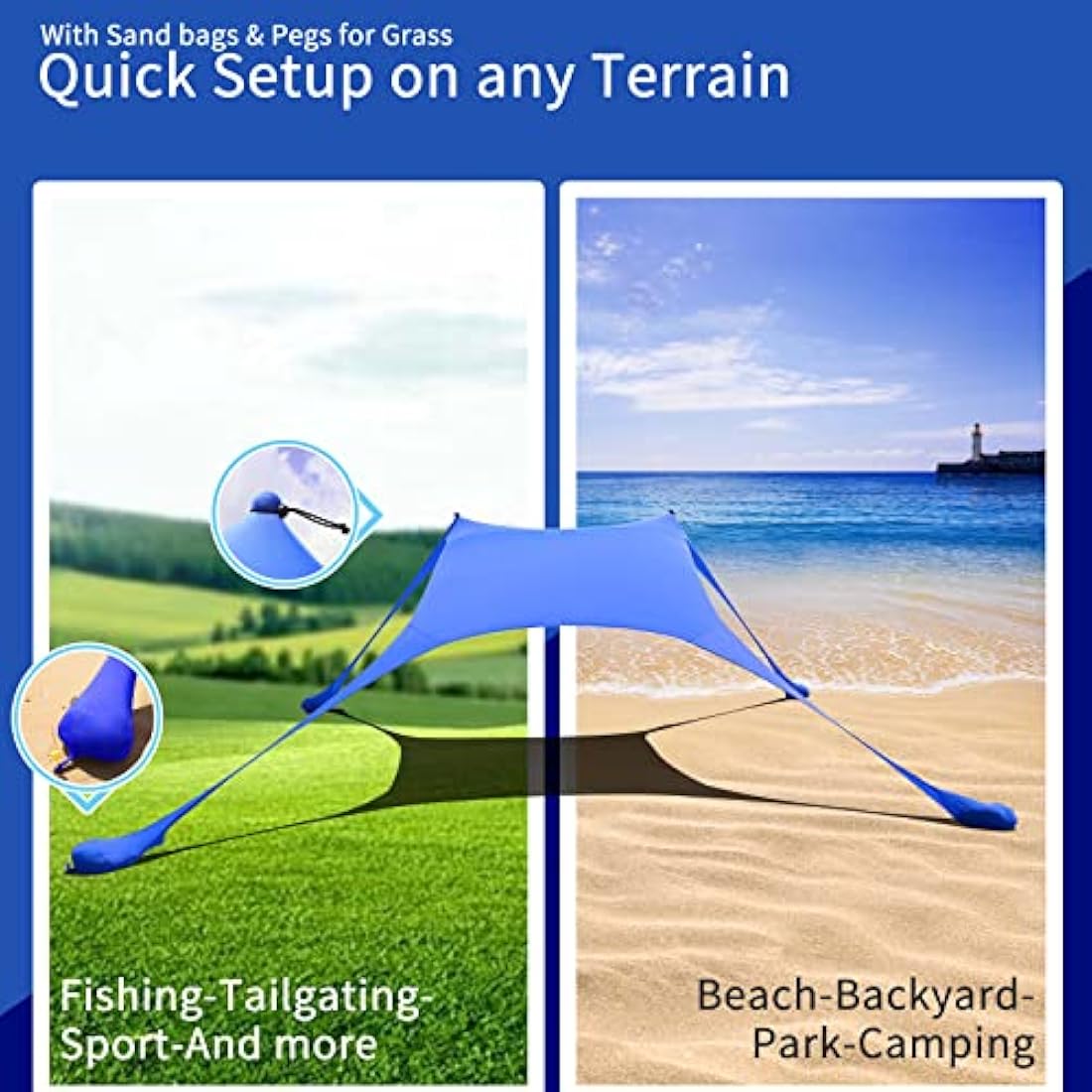 CUUPO 77 FT Beach Tent Sun Shelter UPF50+ UV Protection, Outdoor Canopy Tent Sun Shade with 2 Poles for Camping, Fishing, Backyard and Picnics with Sandproof Beach Blanket Royal Blue