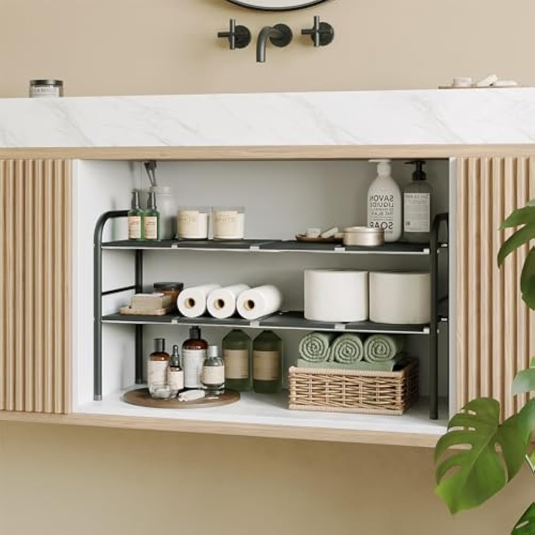 NETEL Expandable Under Sink Storage, 2 Tier Under Sink Storage with 8 Plates,Metal Side Bracket,Kitchen Cupboard Organiser, Extendable Shelf for Cupboard, Kitchen Shelf Organiser,Width 52-82cm