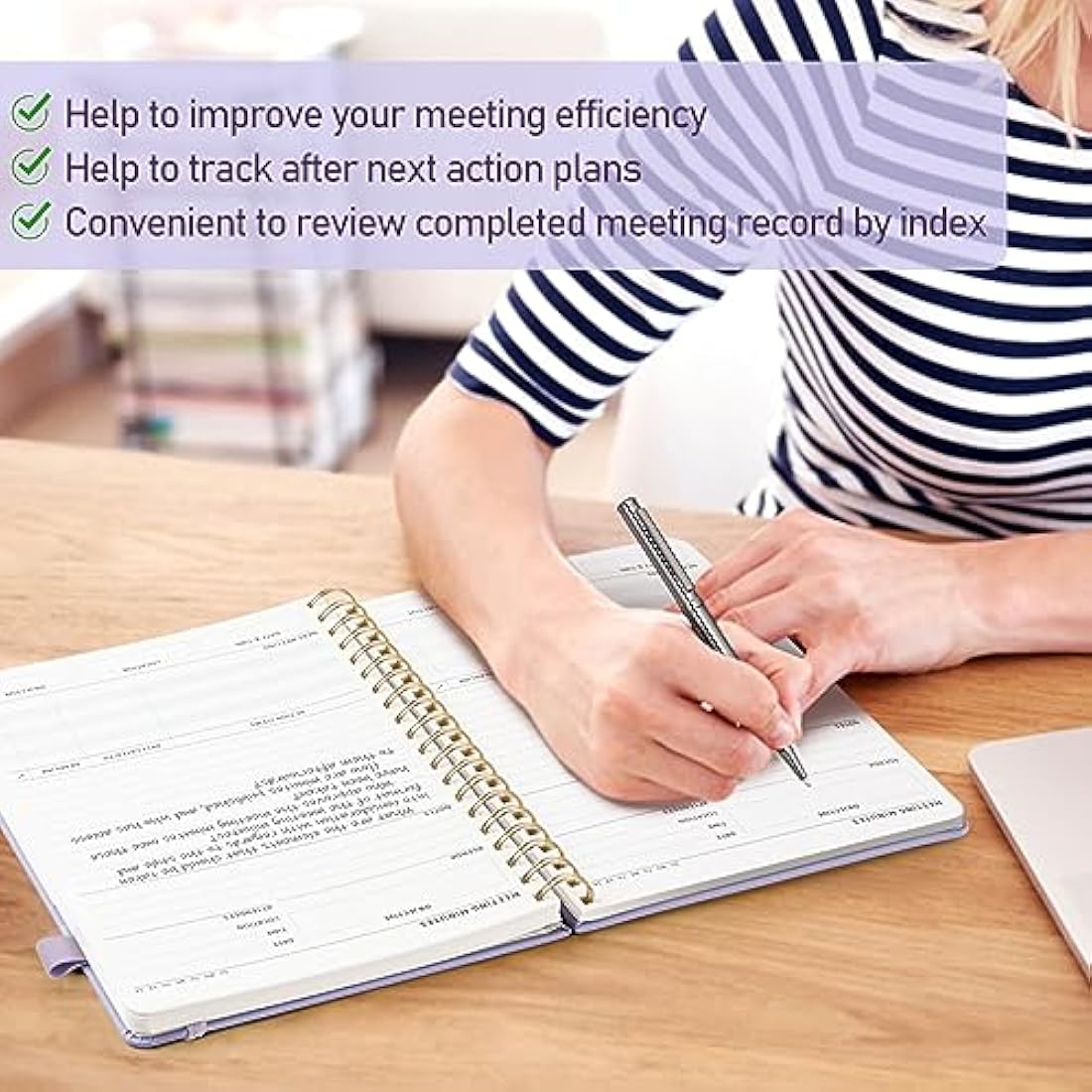 WEMATE Meeting Notebook B5 (7"x10") - PU Leather Planner Notebook with Agenda, Action Items & Notes - 200 Pages for Men&Women, Staff and Students, Meeting, Projects Planning - Light Purple