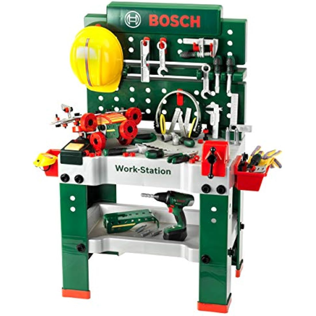 Theo Klein 8485 Bosch Workbench No. 1 I 150 Parts I Includes Cordless Screwdriver, Construction Set, Sander and Much More | Battery-Powered Cordless Screwdriver with Light and Realistic Sounds