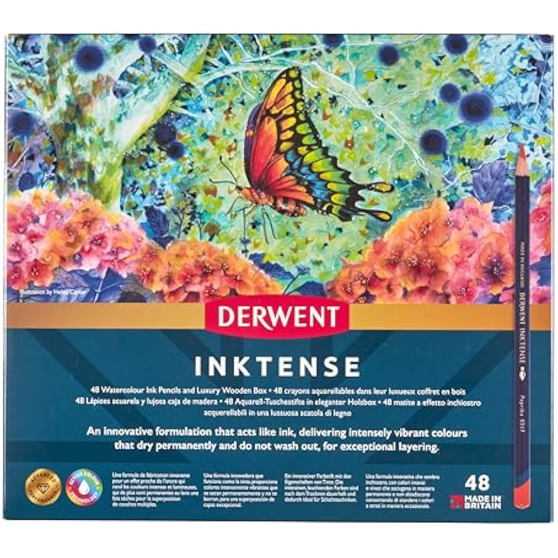 Derwent Inktense Permanent Watercolour Pencils, Set of 48 in a Wooden Gift Box, 4mm Premium Core, Water-Soluble, Ideal for Colouring, Painting and Crafting, Professional Quality (2300151)