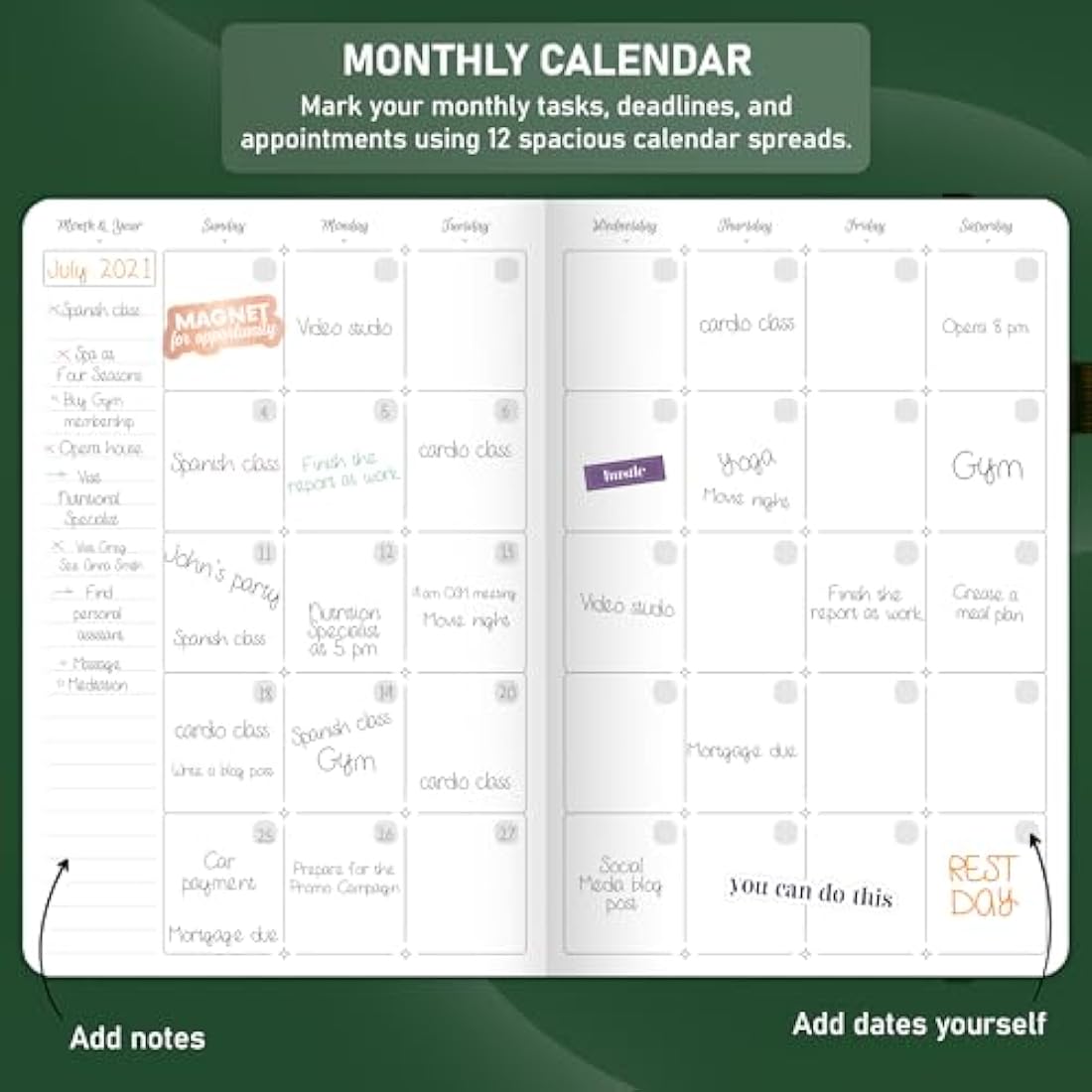 GoGirl Weekly Schedule Planner – Hourly Work & Life Planner with Time Slots – Vertical Agenda Organizer for Daily Productivity, A5 (Forest Green)