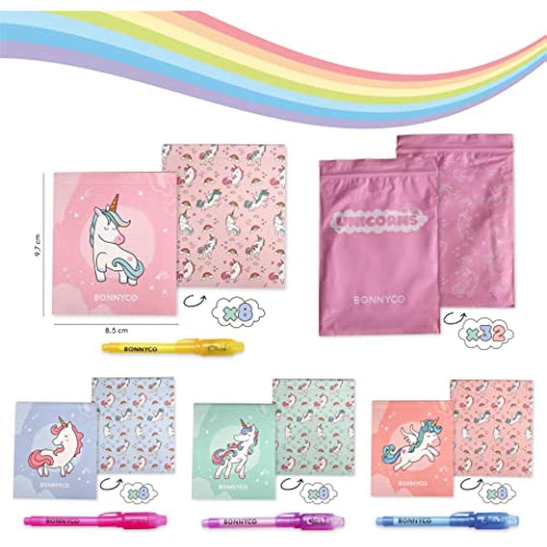 BONNYCO Invisible Ink Pen and Notebook, Pack 32 Unicorns Party Bags Filler & Pinata Toys | Unicorn Birthday Decorations | Stocking Fillers for Kids Birthday | School Prizes & Gifts for Children
