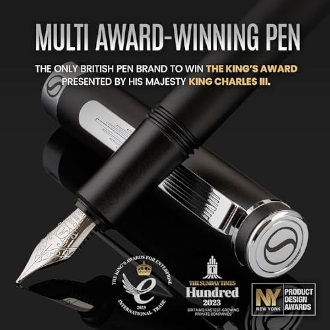 Scriveiner Luxury EDC Fountain Pen (Medium), Stunning Matt Black with Chrome Finish Pocket Pen with Genuine Schmidt Nib, Includes Converter and Spare Cartridges, Best Writing Gift Set for Men & Women