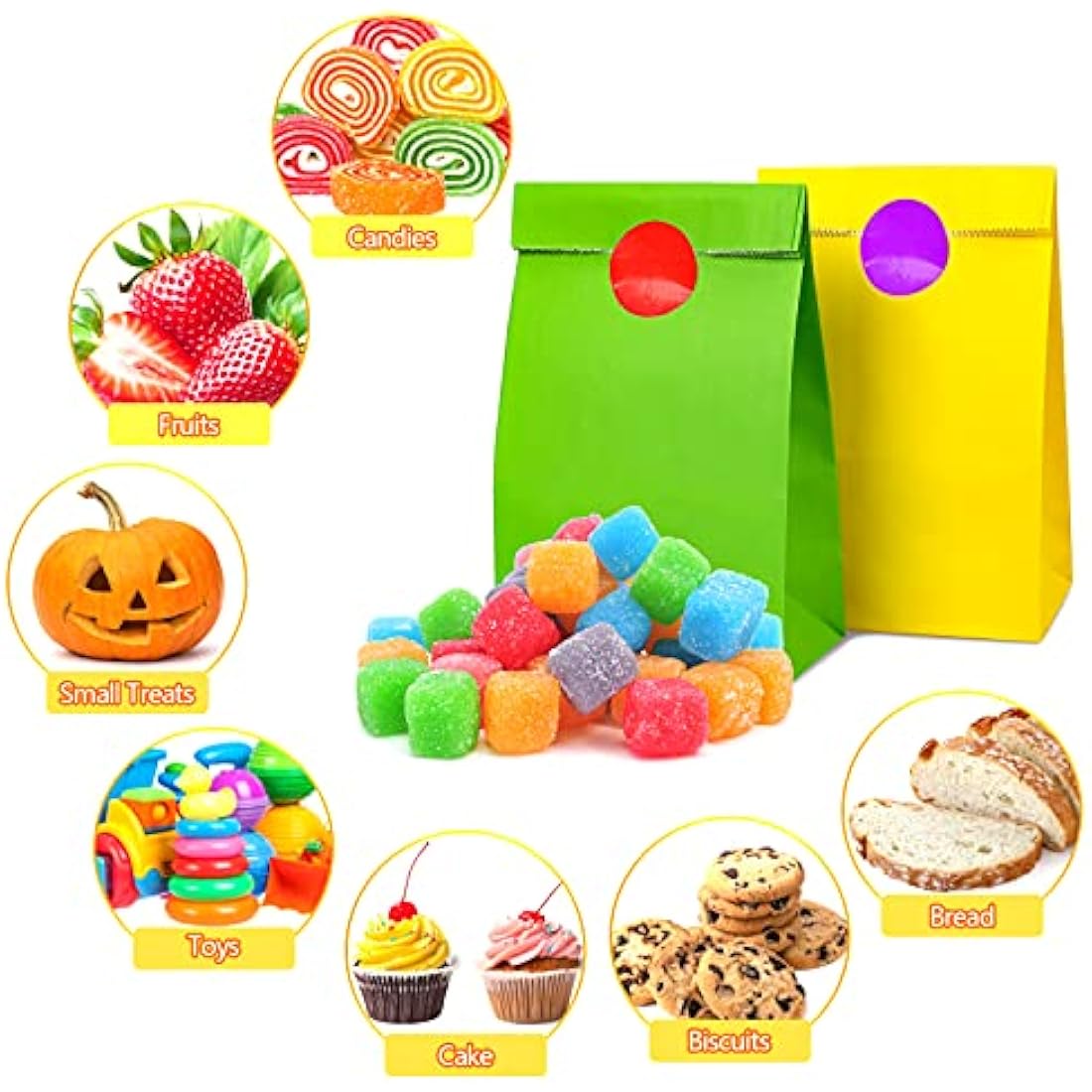 50 PCS Paper Party Bags for Kids, TOOELMON Multi-Color Kraft Paper Gift Bags Candy Goodie Treat Bags with 60 PCS Stickers for Halloween, Christmas, Birthday, Wedding Parties (130 * 80 * 240mm)