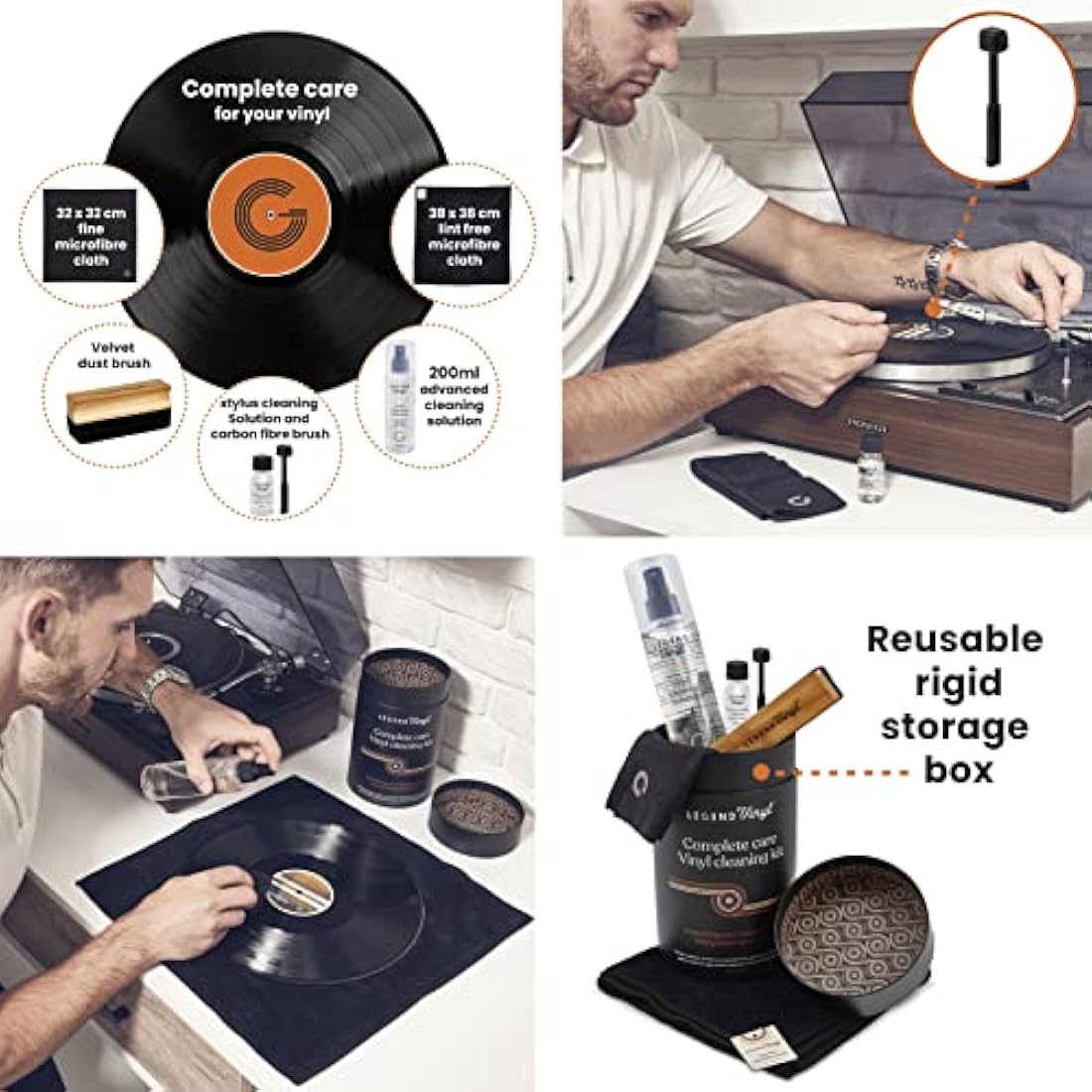 Legend Vinyl Complete Care Vinyl Cleaning Kit - 200ml Cleaning Solution, 2 Large Microfiber Cloths, Wooden Handle Dust Brush, Carbon Fibre Stylus Brush & Fluid for Record Cleaning