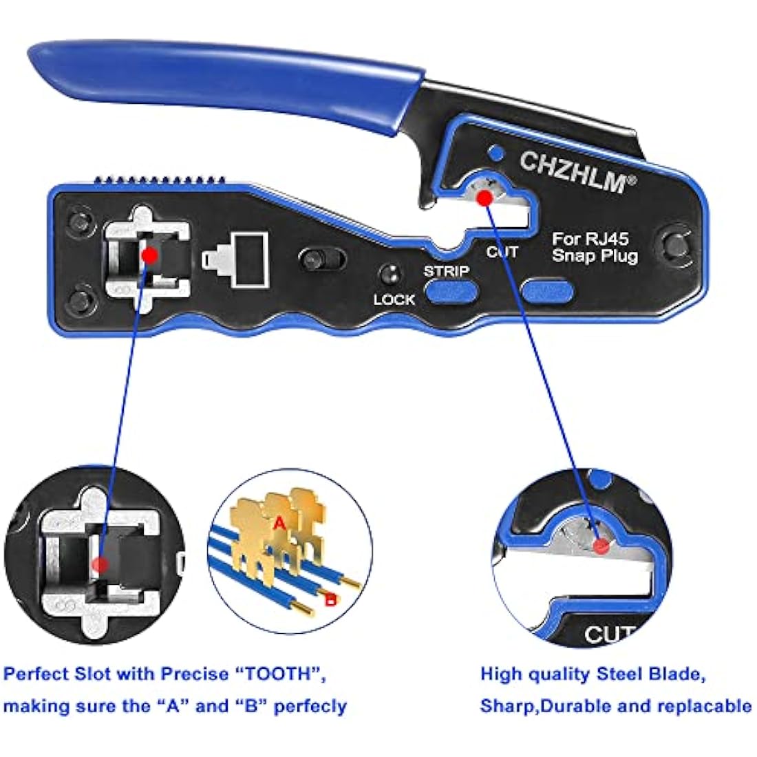 CHZHLM RJ45 Crimping Tool Kit Pass Through Crimper Stripper Cutter All-in-One for Cat5 Cat6 Pass Through Connector with Cable Tester 50Pcs Connectors 50Pcs Covers Mini Stripper