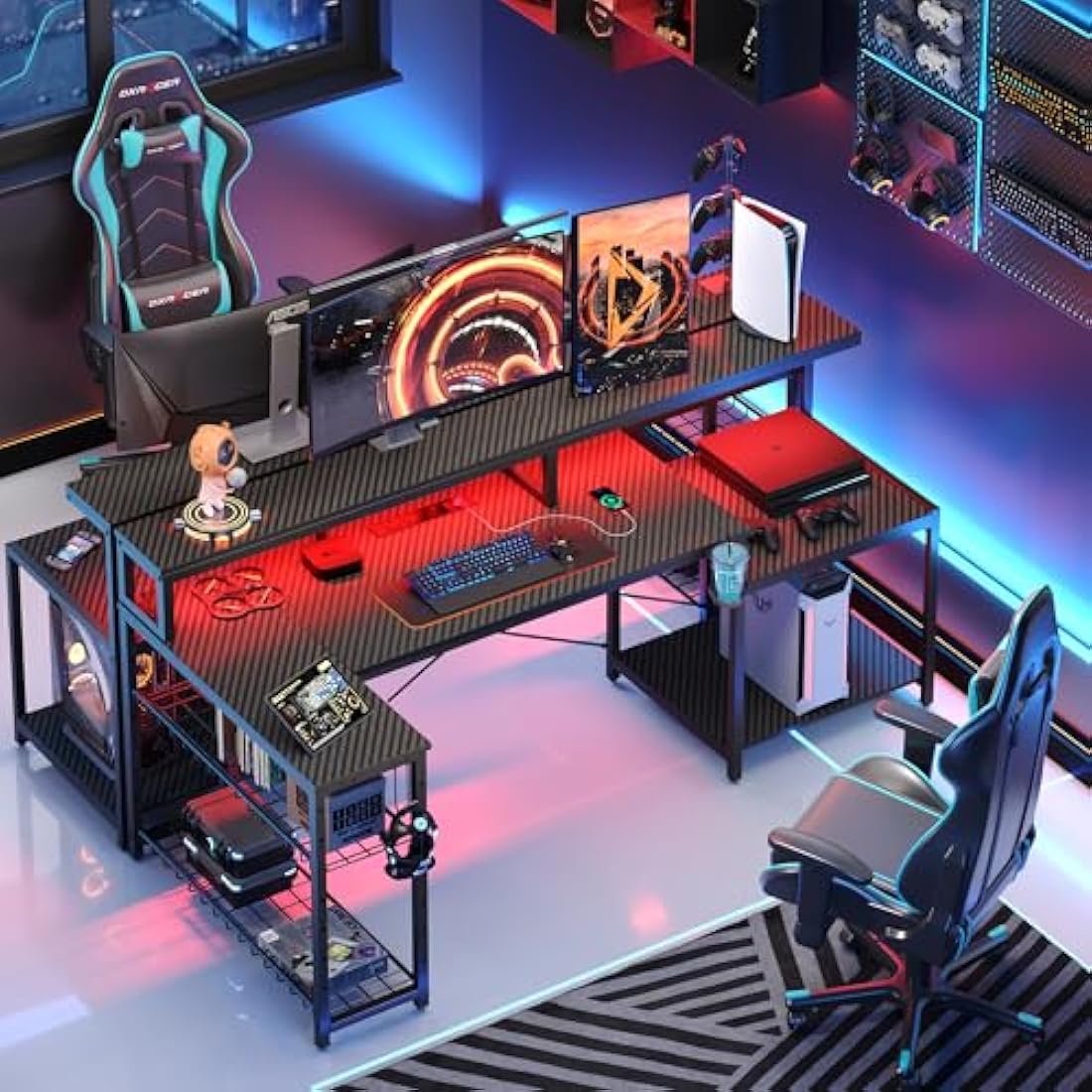Bestier 181CM L-Shaped Gaming Desk with RGB LED Lights, Power Outlets, USB Ports, Carbon Fibre Surface, Monitor Stand, Storage Shelf, Cup Holder & Headset Hook